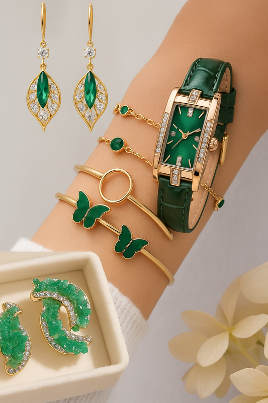 Set de joyería premium para dama con reloj, collar y aretes elegantes. Ideal para regalo, uso diario, ocasiones especiales y looks casuales o formales.