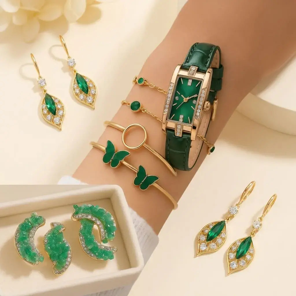 Set de joyería premium para dama con reloj, collar y aretes elegantes. Ideal para regalo, uso diario, ocasiones especiales y looks casuales o formales.
