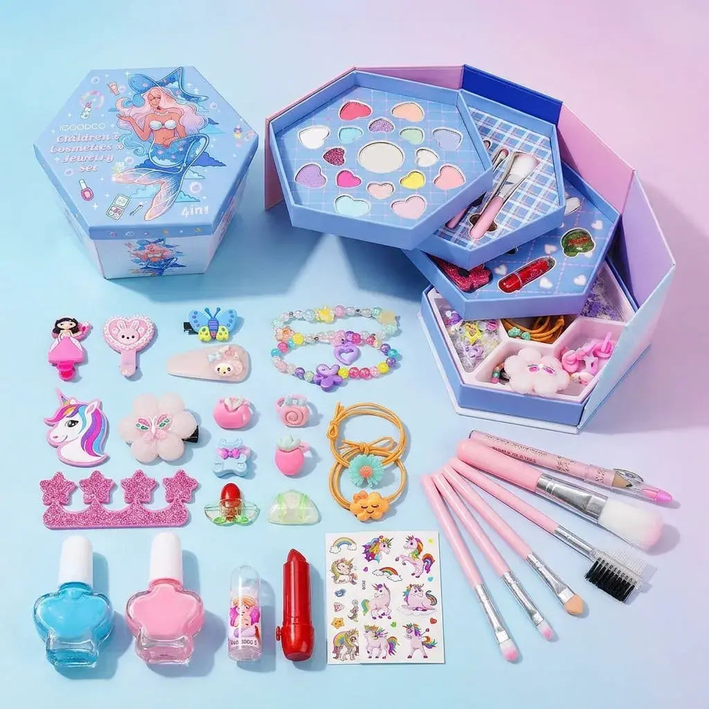 set de maquillaje infantil para niñas con joyería de juguete, esmaltes lavables, accesorios creativos y caja organizadora para juegos en casa.