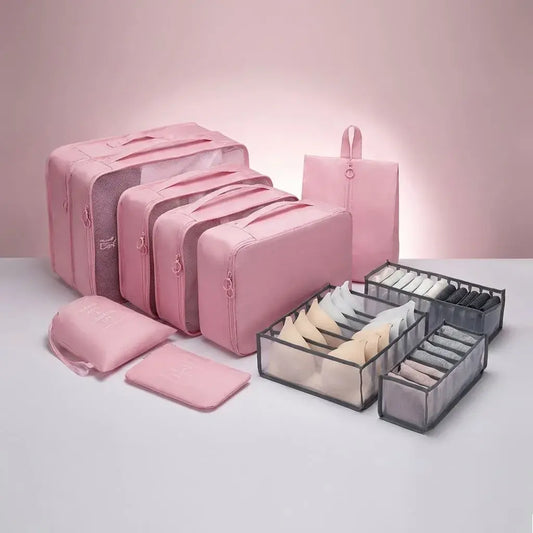 Set organizador de viaje 10 piezas en nailon impermeable con bolsas para maleta y divisores de ropa interior. Ideal para viajes, armarios y cajones.