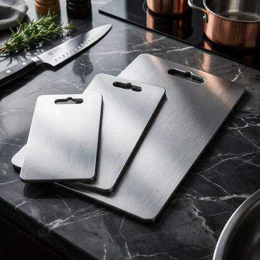 Set x3 tablas de picar en acero inoxidable 304, resistentes, fáciles de limpiar e ideales para cortar carnes, frutas, verduras y preparar alimentos en la cocina.