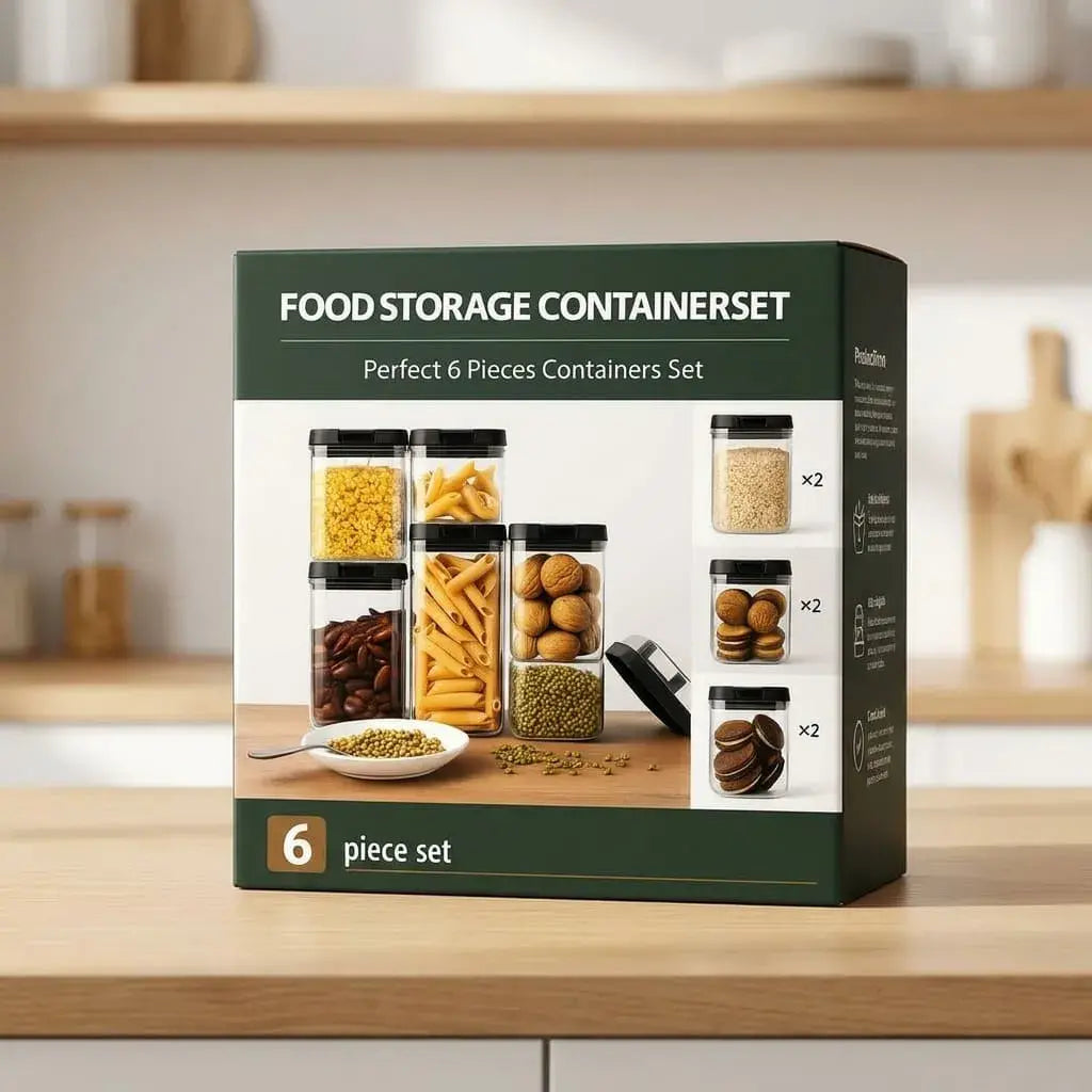 Set x6 Frascos Herméticos Apilables para cocina. Recipientes transparentes con tapa negra, cierre seguro y diseño ideal para despensa, alimentos secos y organización diaria.