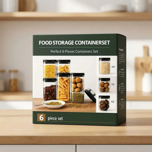 Set x6 Frascos Herméticos Apilables para cocina. Recipientes transparentes con tapa negra, cierre seguro y diseño ideal para despensa, alimentos secos y organización diaria.