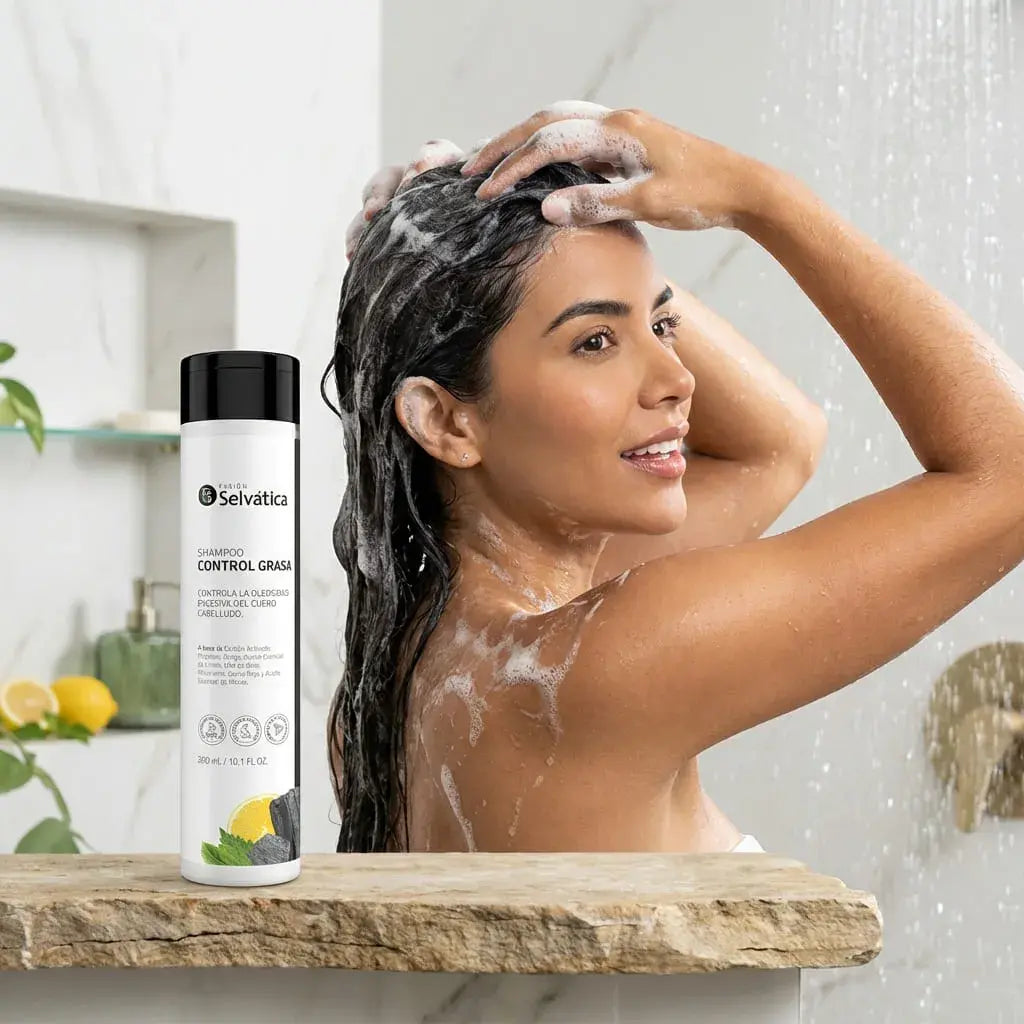 Shampoo para cabello graso con carbón activado que purifica, controla la grasa y deja el cabello fresco, ligero y equilibrado, ideal para uso frecuente.