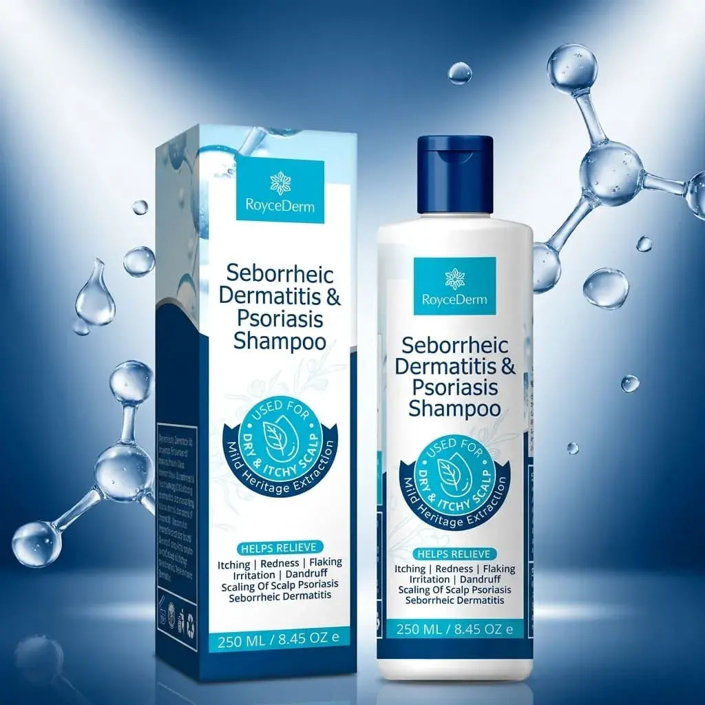 Shampoo Roycederm para limpiar el cuero cabelludo con caspa y descamación. Fórmula con árbol de té, ácido salicílico y extractos vegetales.