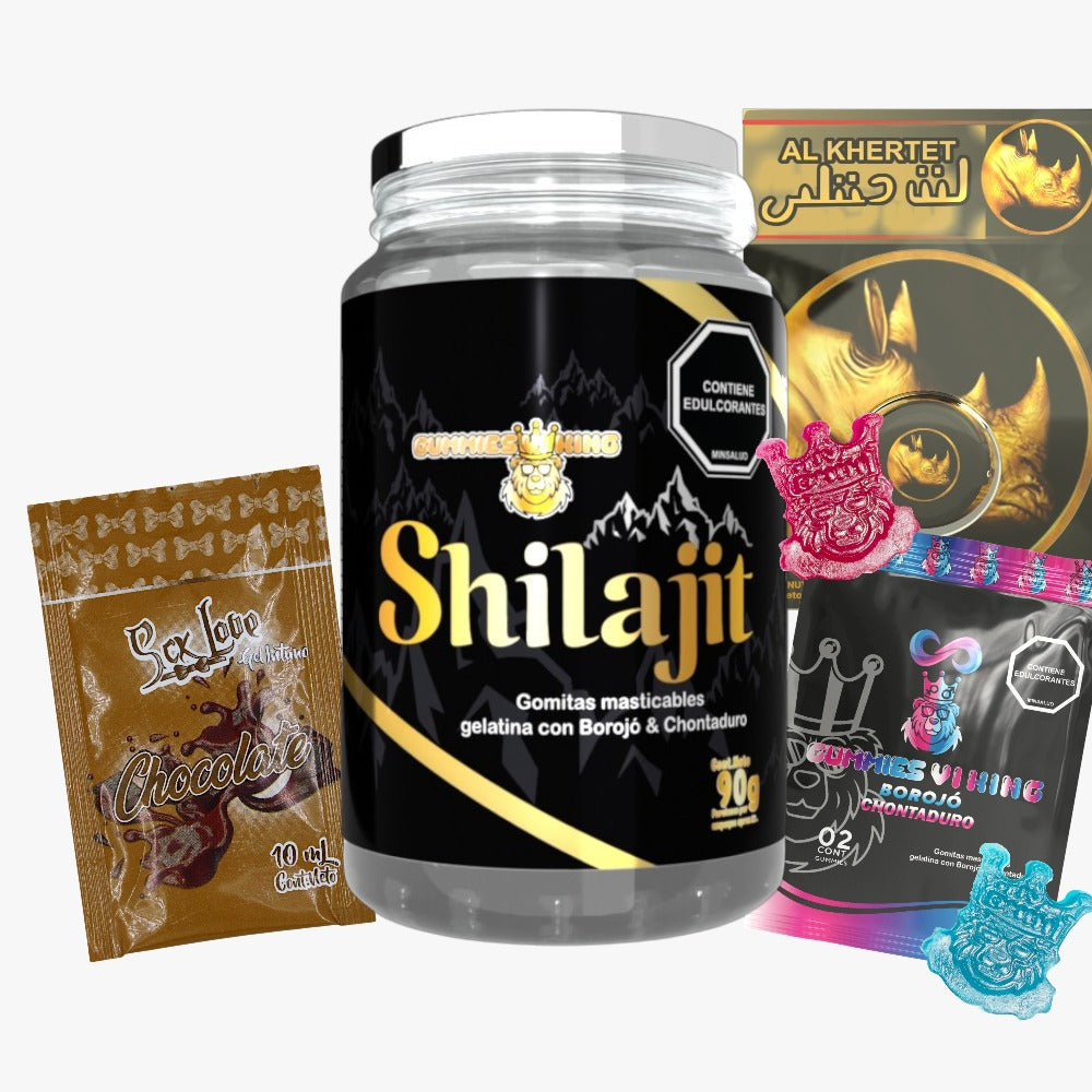 Shilajit Goma 125 mL con registro INVIMA, sobre chocolate, gomitas y crema adicional. Suplemento alimenticio para adultos enfocado en energía, vitalidad y bienestar general.