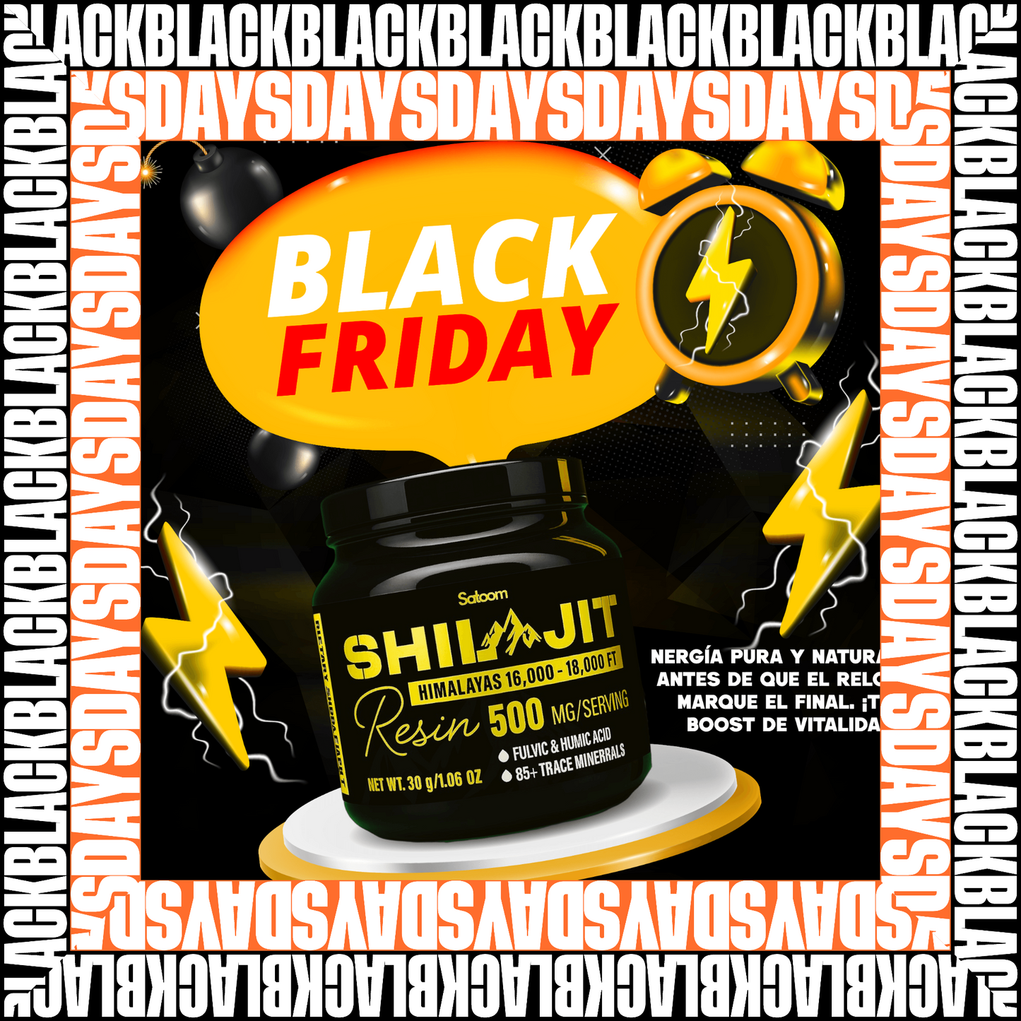 Shilajit Satoomi Black Days 125mL suplemento natural para energía, vitalidad y bienestar diario.