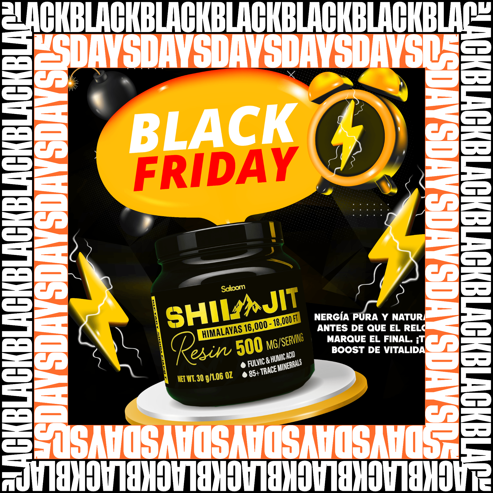 Shilajit Satoomi Black Days 125mL suplemento natural para energía, vitalidad y bienestar diario.