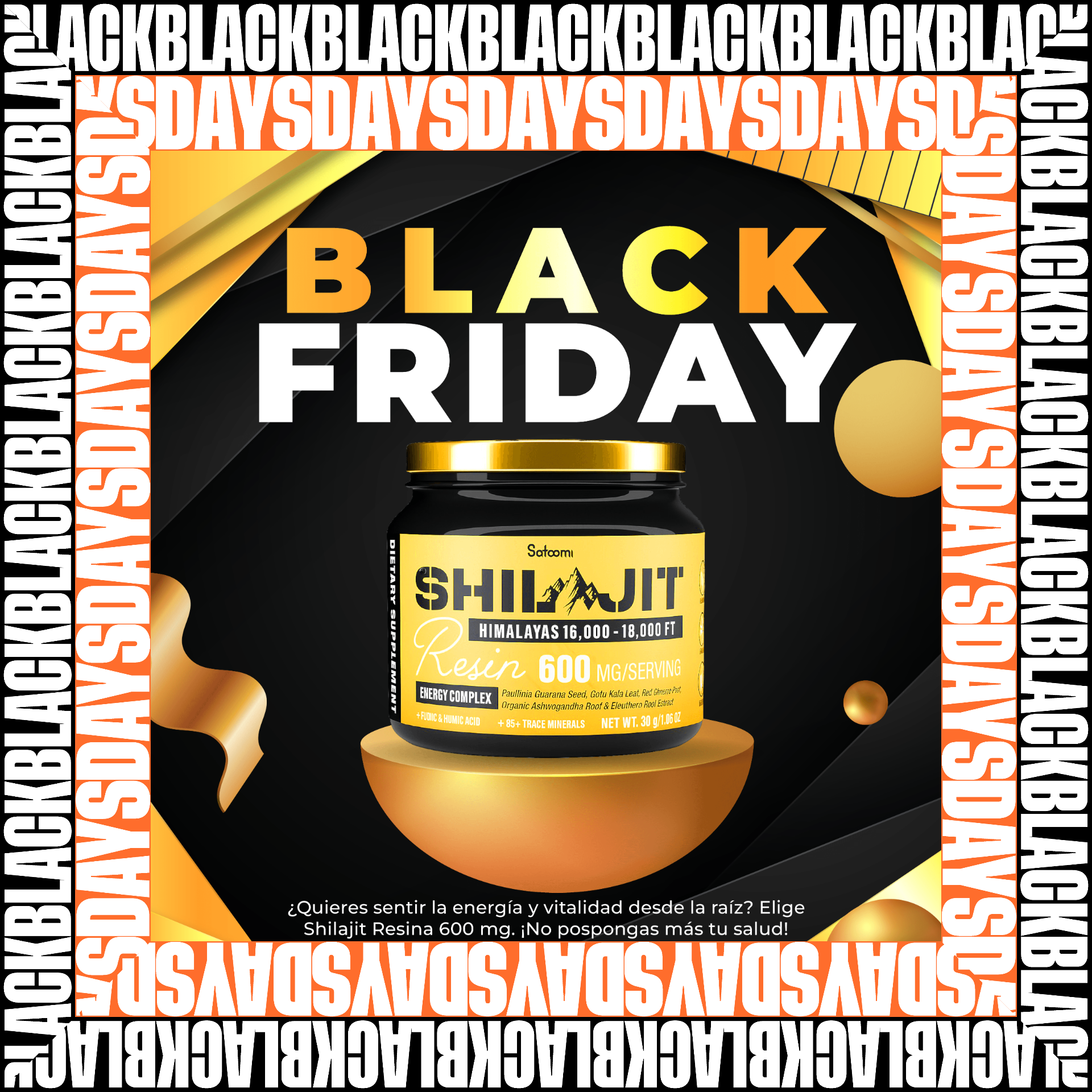 Shilajit Satoomi Gold Black Days 125 mL en bálsamo de resina natural del Himalaya con 3 sachets Love. Suplemento masculino para energía, vitalidad y bienestar general.
