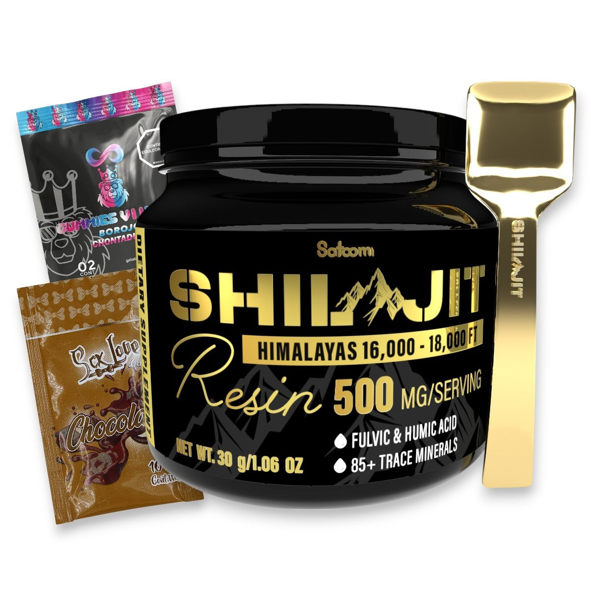 Shilajit Satoomi Original Black 125 mL en bálsamo de resina natural del Himalaya. Incluye sobre chocolate y Gomitas Viking. Apoyo tradicional para energía, vitalidad y bienestar en adultos.