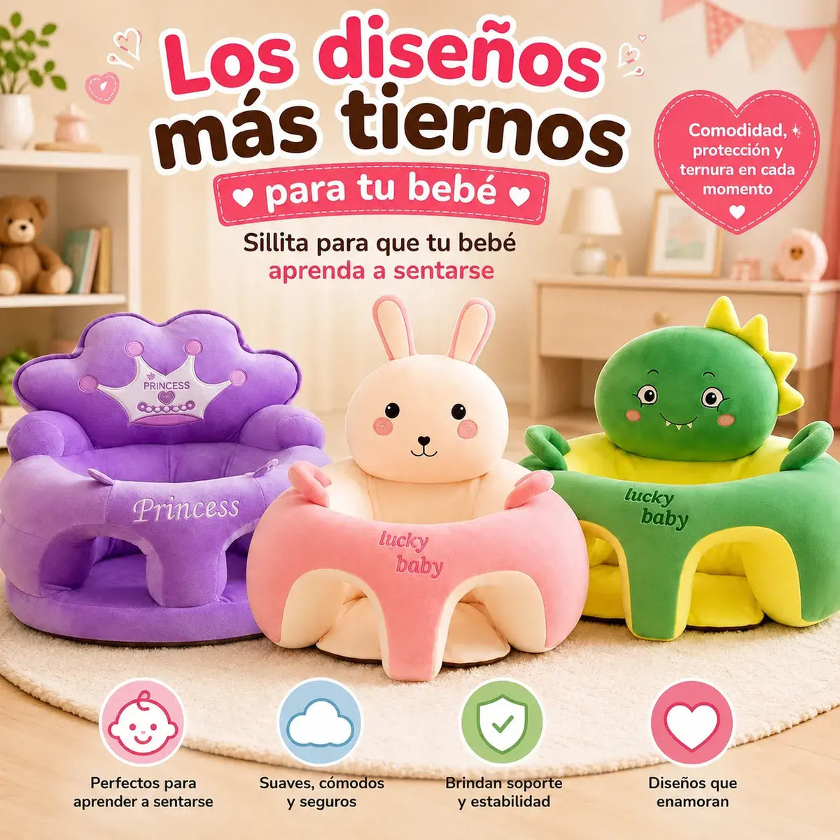 Sillón acolchado para bebé con soporte envolvente de 360°, base antideslizante, tela suave y diseño de animal. Tamaño aproximado de 55 x 50 x 40 cm.