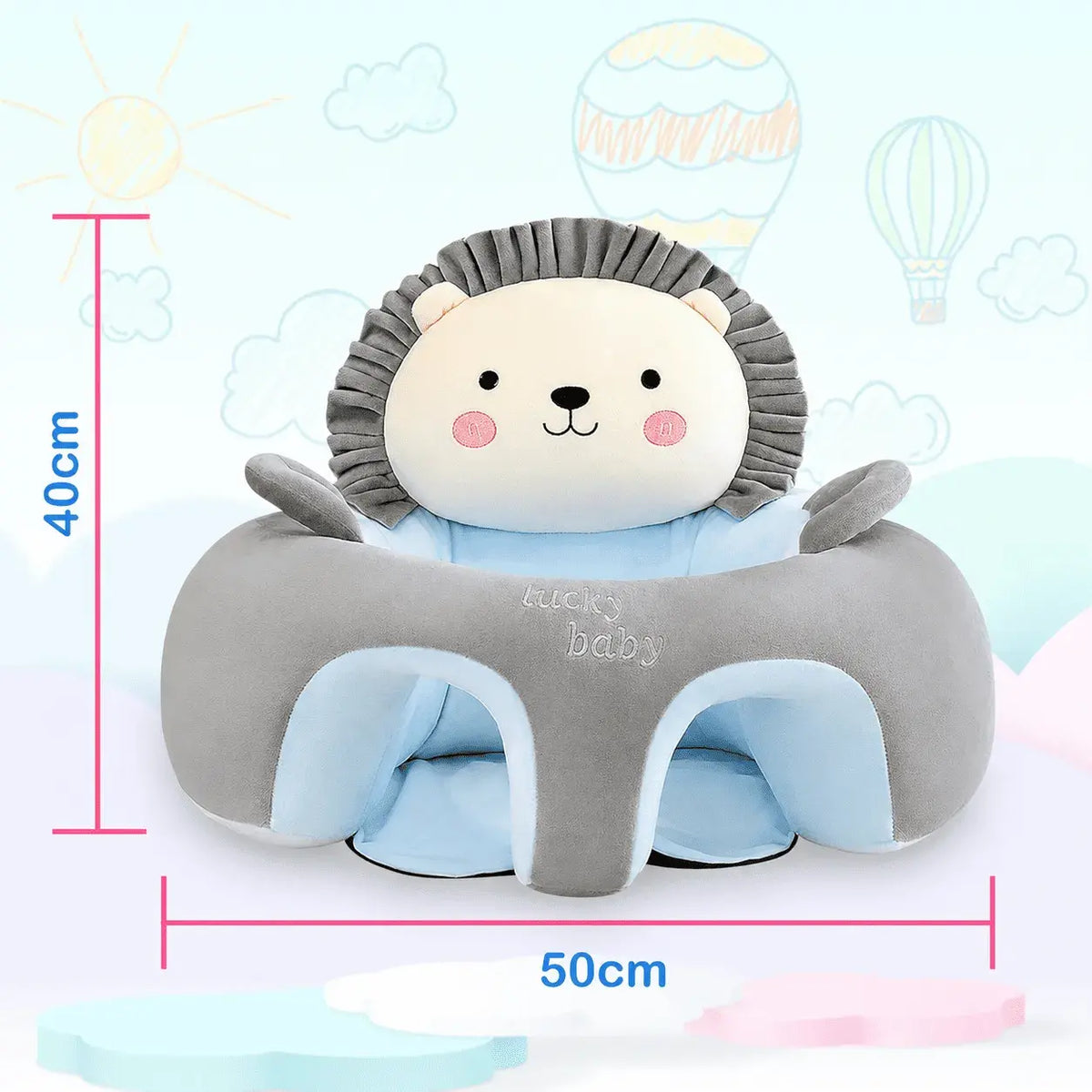 Sillón acolchado para bebé con soporte envolvente de 360°, base antideslizante, tela suave y diseño de animal. Tamaño aproximado de 55 x 50 x 40 cm.