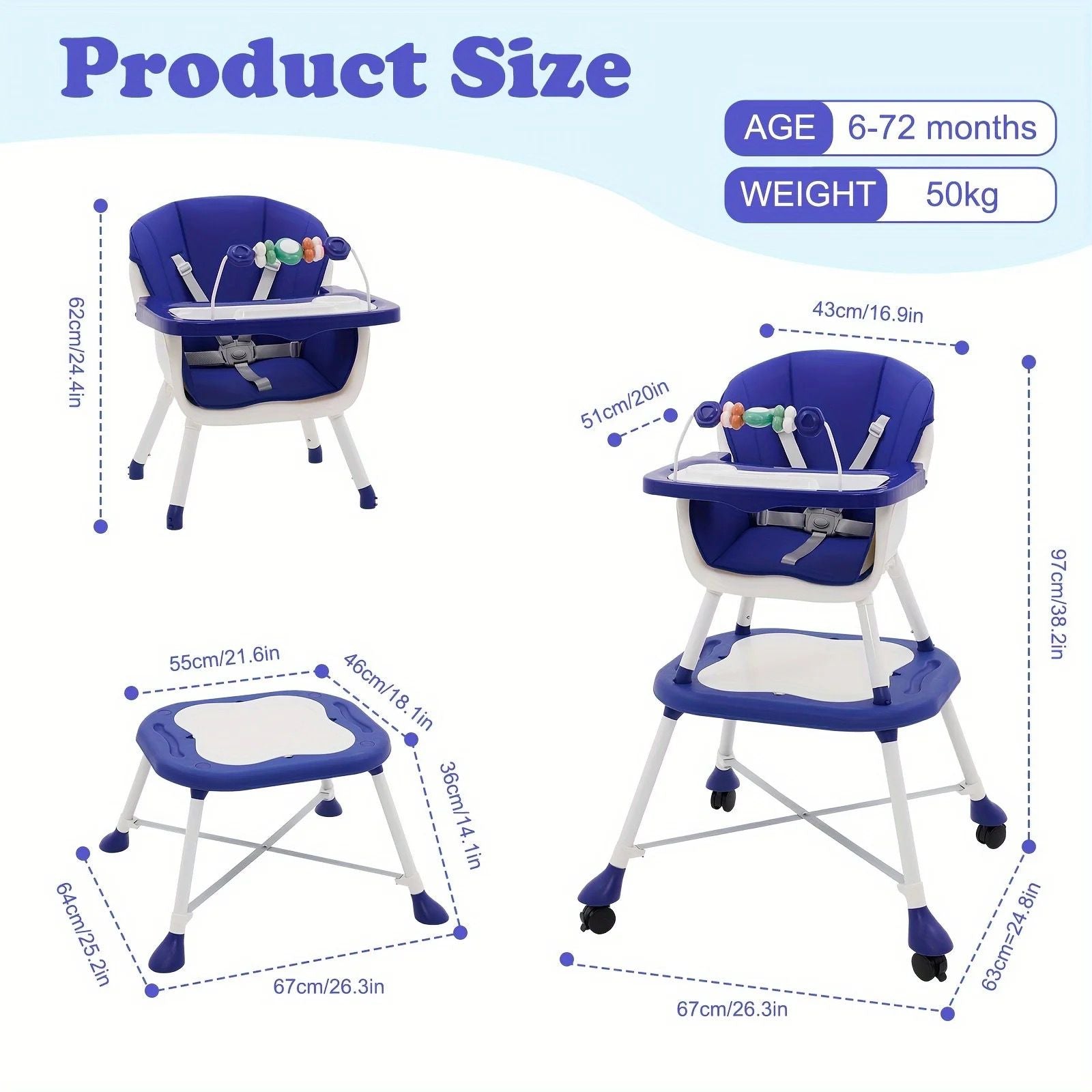 Silla comedor 3 en 1 para bebé con bandeja doble, escritorio y ruedas. Segura, versátil y evolutiva para uso de 6 meses a 8 años.