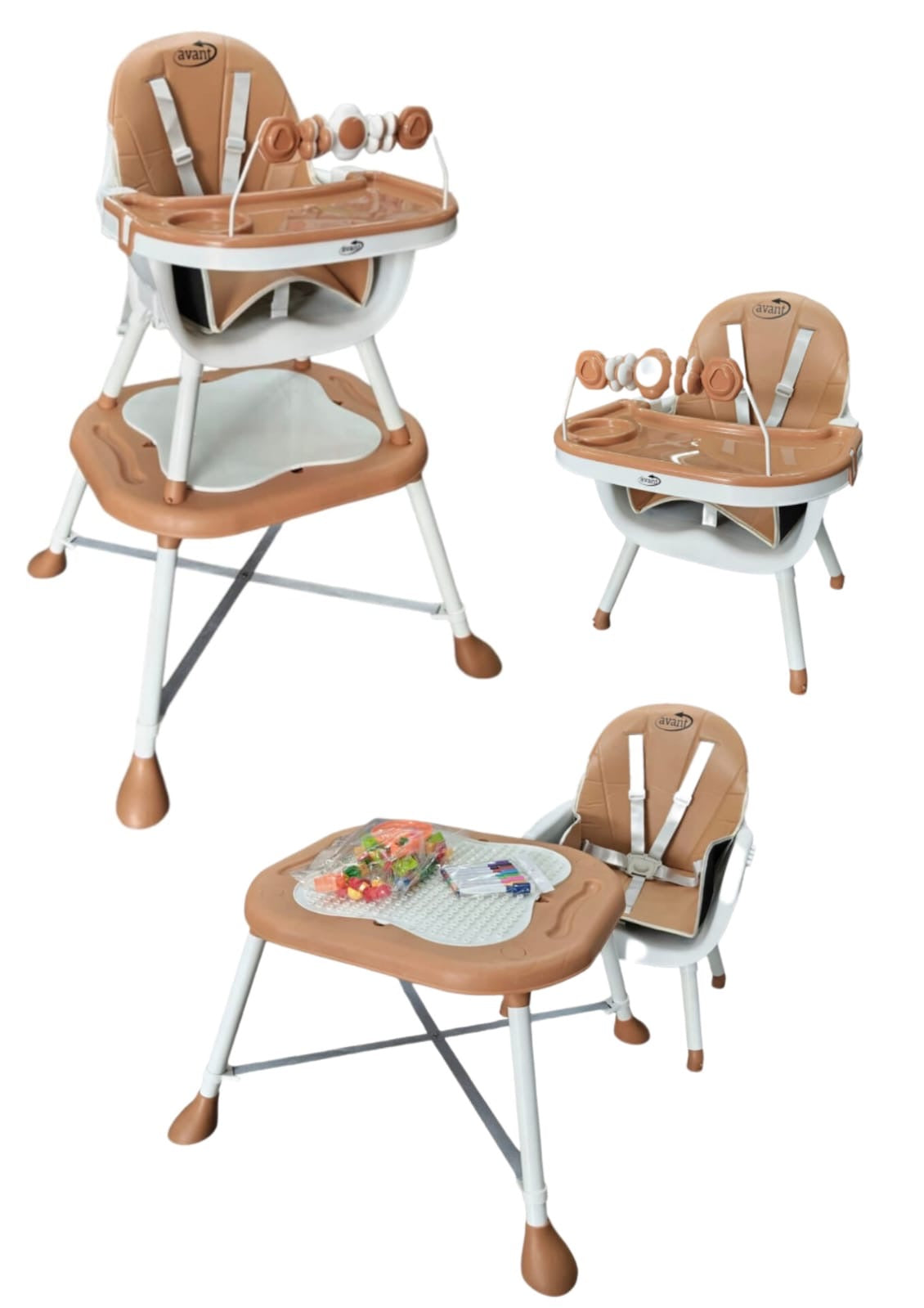 Silla comedor 3 en 1 para bebé con bandeja doble, escritorio y ruedas. Segura, versátil y evolutiva para uso de 6 meses a 8 años.
