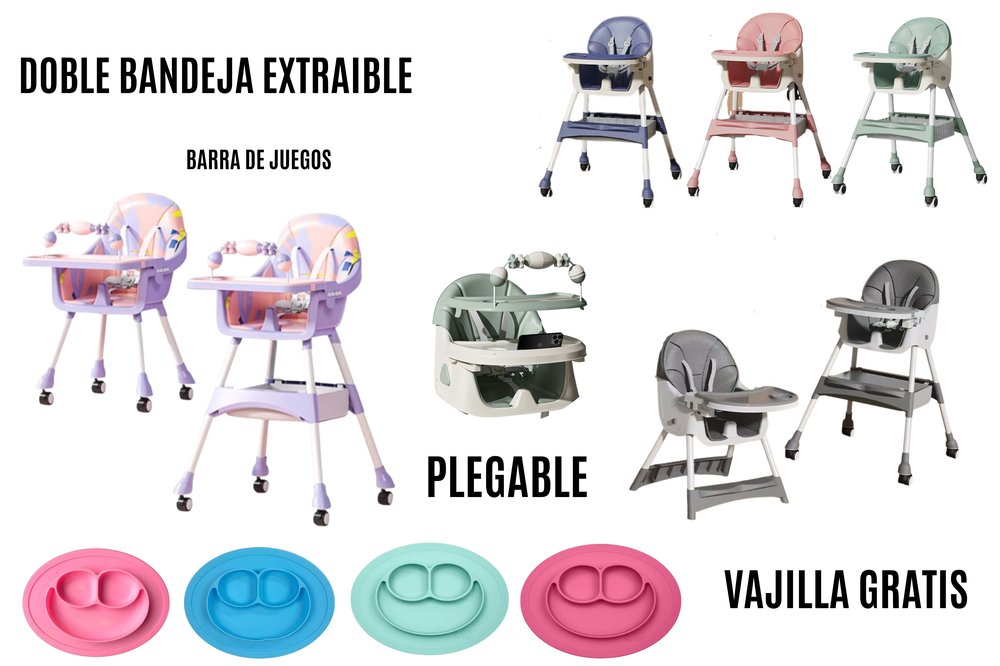 Silla comedor para bebé multifuncional con bandeja desmontable, arnés de seguridad y ruedas. Diseño estable, práctico y fácil de limpiar para alimentación diaria.