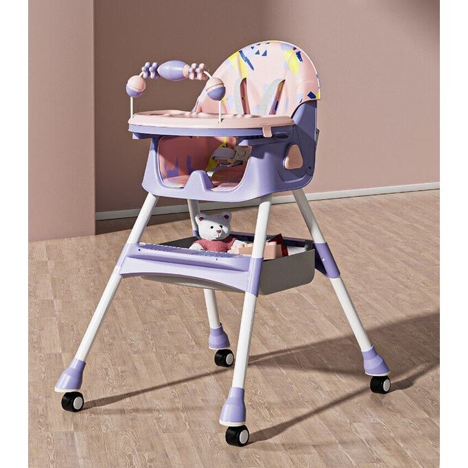 Silla comedor para bebé multifuncional con bandeja desmontable, arnés de seguridad y ruedas. Diseño estable, práctico y fácil de limpiar para alimentación diaria.