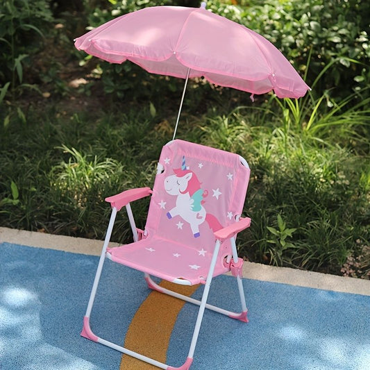 Silla infantil plegable con sombrilla incluida, diseño divertido y estructura resistente. Ideal para playa, piscina y actividades al aire libre con seguridad y comodidad.
