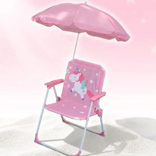 Silla infantil plegable con sombrilla incluida, diseño divertido y estructura resistente. Ideal para playa, piscina y actividades al aire libre con seguridad y comodidad.