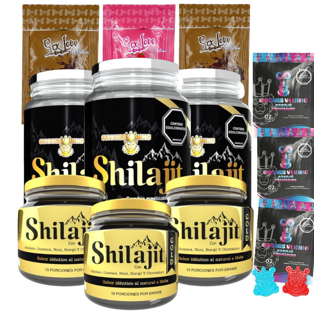 Sixpack Shilajit Gold y Gomas con 3 frascos de bálsamo 125 mL, 3 frascos de gomas, sachets sabor chocolate y fresa, más Gummies Vi King. Combo para energía, vitalidad y bienestar en adultos.