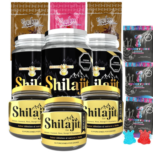 Sixpack Shilajit Gold y Gomas con 3 frascos de bálsamo 125 mL, 3 frascos de gomas, sachets sabor chocolate y fresa, más Gummies Vi King. Combo para energía, vitalidad y bienestar en adultos.