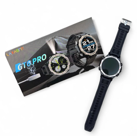 Smartwatch GT6 Pro con llamadas Bluetooth, pantalla 1.52, monitoreo diario y carga inalámbrica.