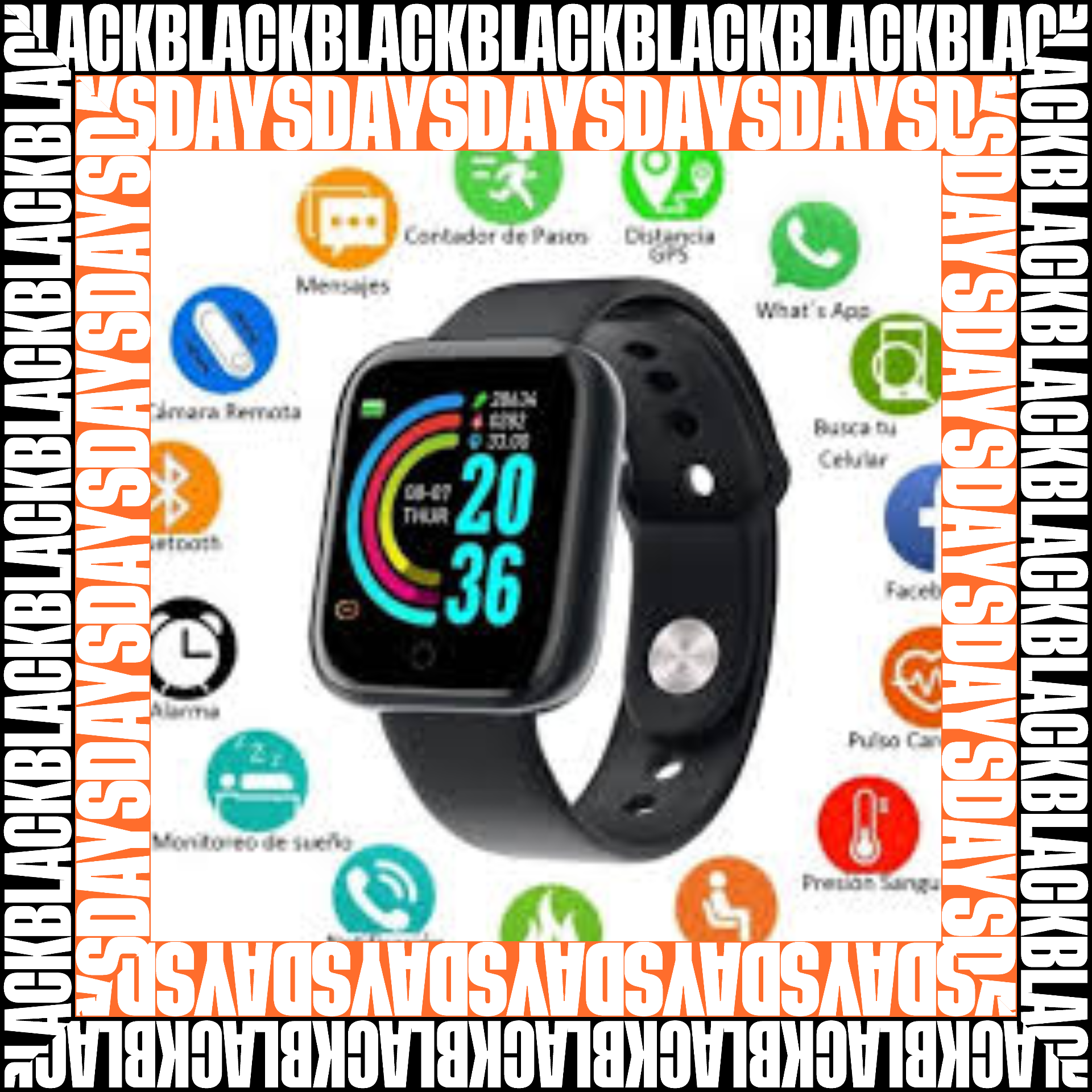 Smartwatch Y68 negro con pantalla TFT, Bluetooth, app FitPro, notificaciones, funciones deportivas, control de música, monitor referencial de bienestar y manilla extra.
