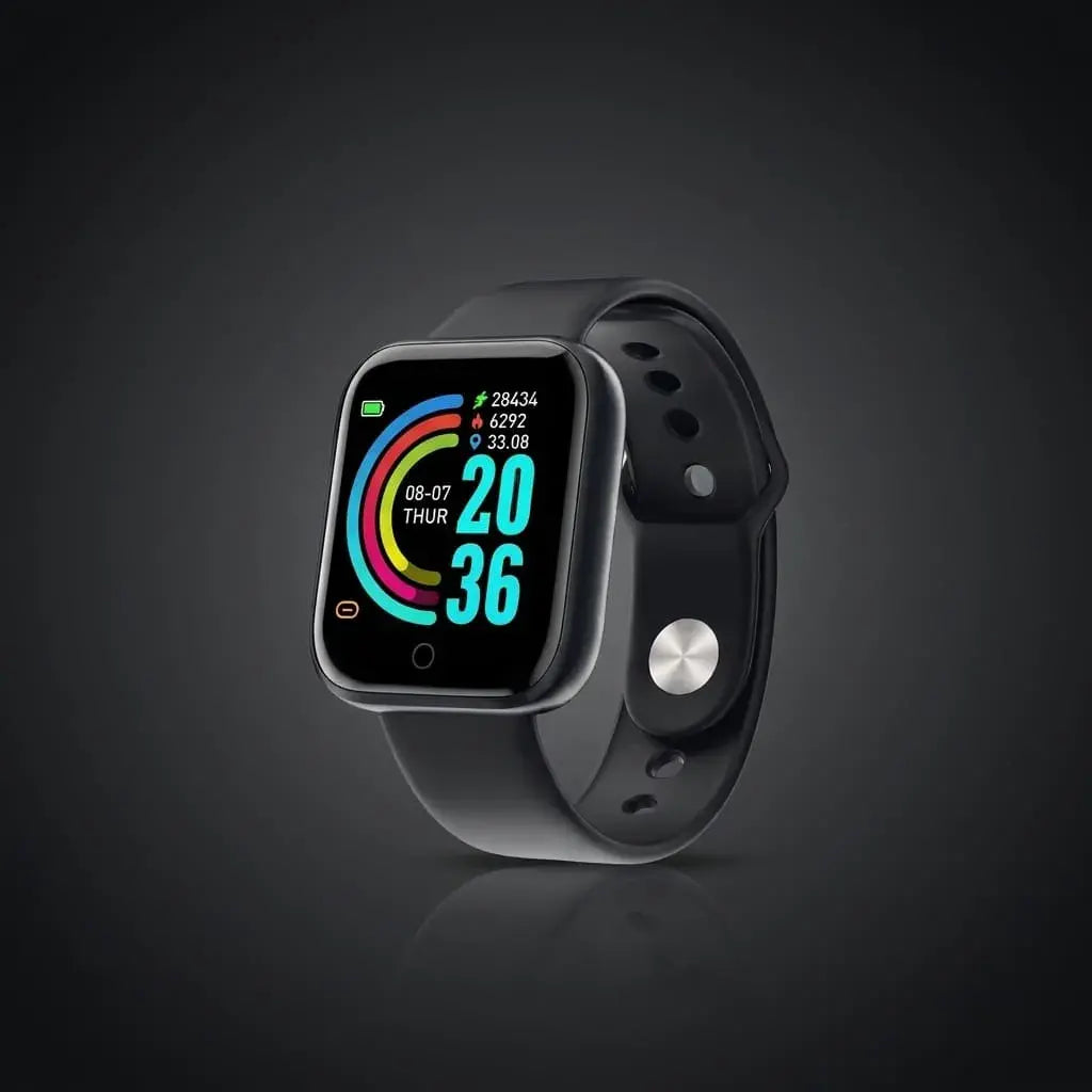 Smartwatch Y68 negro con pantalla TFT, Bluetooth, app FitPro, notificaciones, funciones deportivas, control de música, monitor referencial de bienestar y manilla extra.