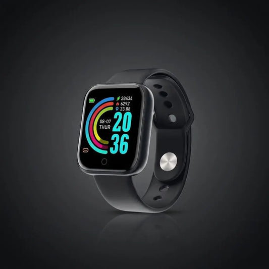 Smartwatch Y68 negro con pantalla TFT, Bluetooth, app FitPro, notificaciones, funciones deportivas, control de música, monitor referencial de bienestar y manilla extra.