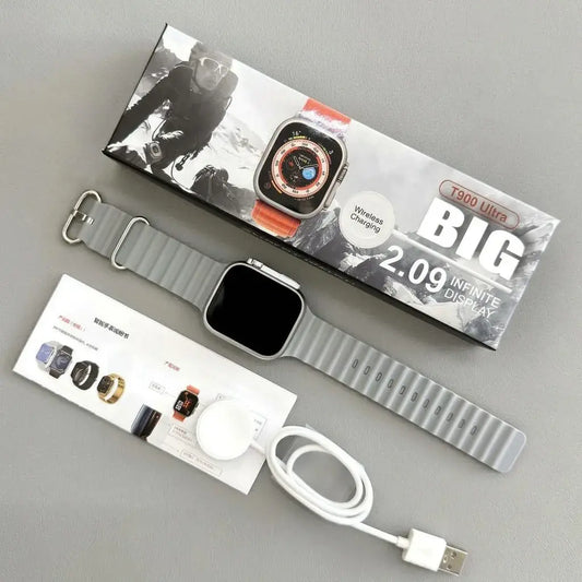 Smartwatch T900 Ultra con llamadas Bluetooth, pantalla grande y funciones de salud. Compatible con Android y iOS, ideal para uso diario.