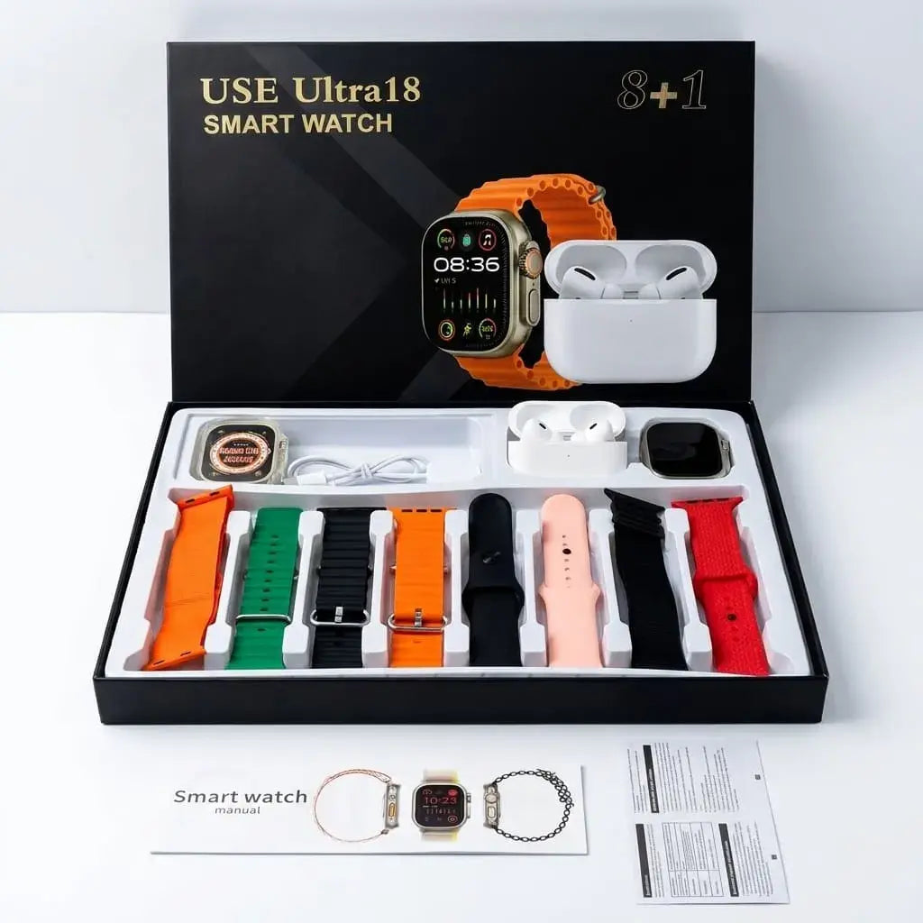 Smartwatch USE-Ultra 18 con pantalla 2.3 pulgadas, llamadas Bluetooth, carga inalámbrica, 7 correas, funda protectora, audífonos y múltiples funciones inteligentes.