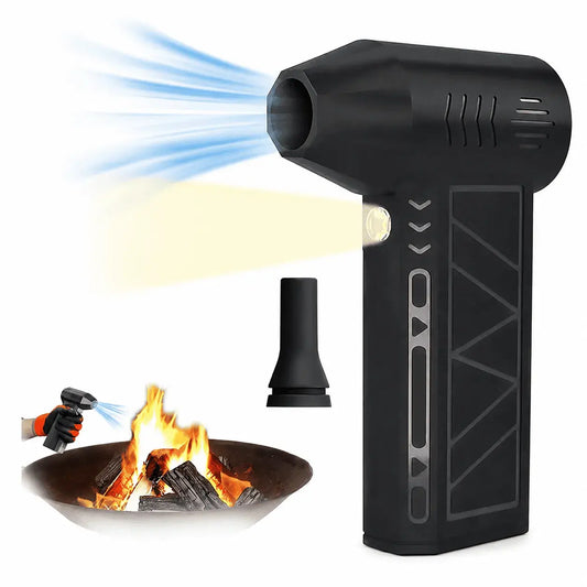 Soplador turbo inalámbrico 2 en 1 con aspiradora portátil, motor brushless 100.000 RPM, filtro HEPA, luz LED, carga USB, accesorios y estuche para limpiar auto, hogar, oficina y equipos electrónicos.