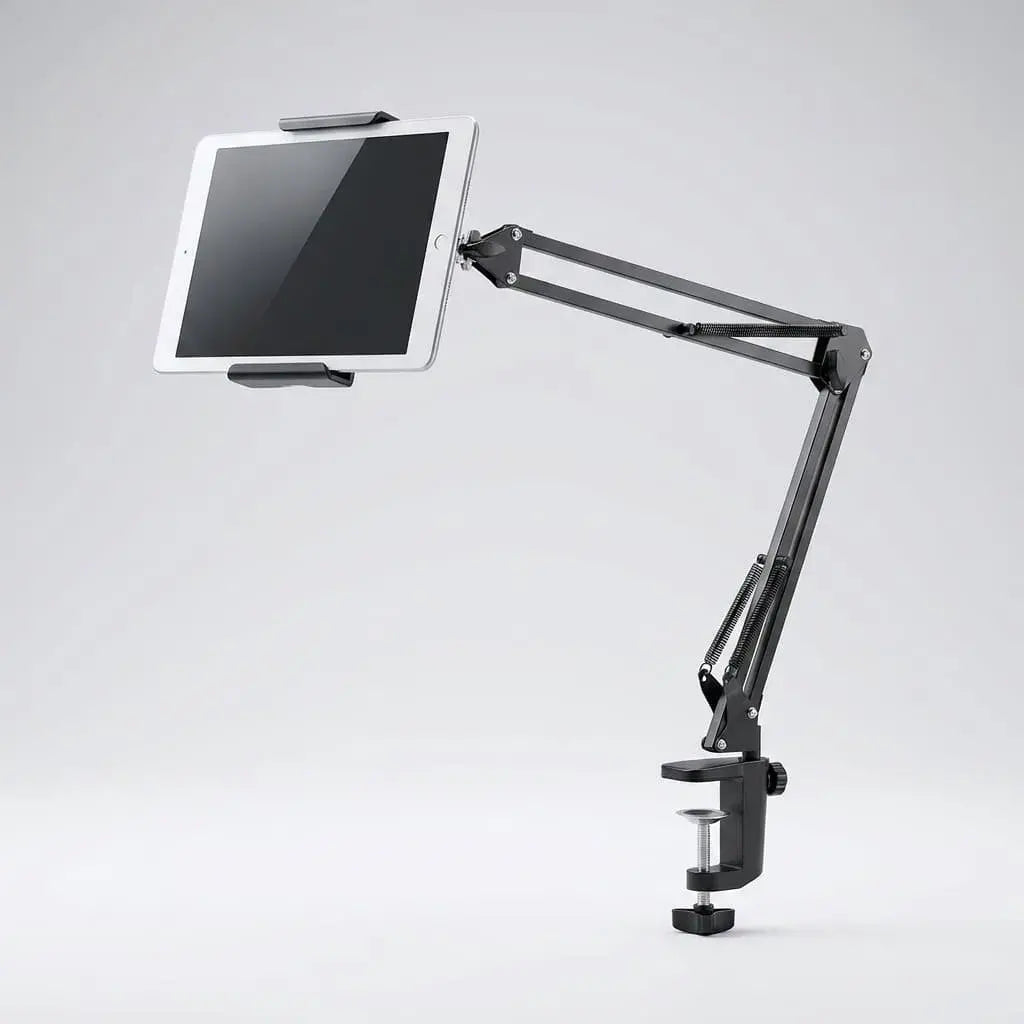 Soporte plegable para celular con altura e inclinación ajustables, giro de 360 grados y estructura en metal y ABS para escritorio o mesa.