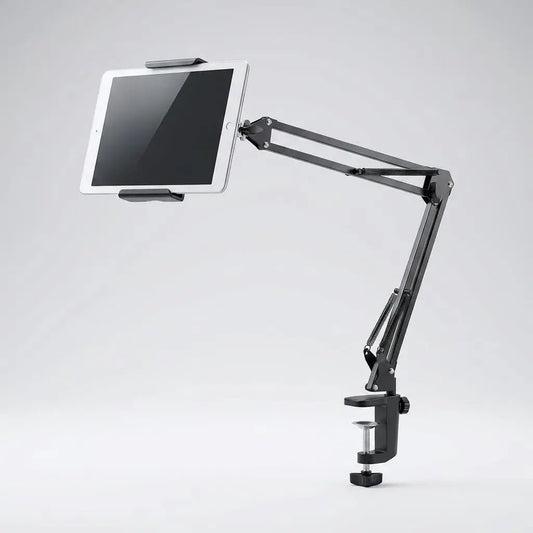 Soporte plegable para celular con altura e inclinación ajustables, giro de 360 grados y estructura en metal y ABS para escritorio o mesa.