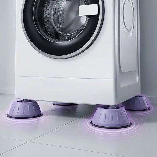 Soporte antivibración para lavadoras y electrodomésticos, bases antideslizantes que reducen ruido y movimiento, fácil instalación.