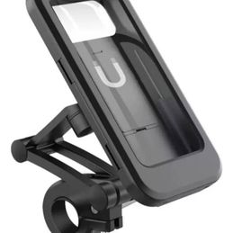 Soporte impermeable para celular en moto y bicicleta con rotación 360, instalación en manubrio y compatibilidad con teléfonos de hasta 6 pulgadas. Ideal para GPS y rutas.