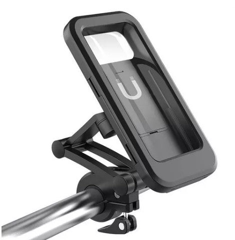 Soporte impermeable para celular de moto y bicicleta con rotación 360°, pantalla táctil, ajuste seguro para manubrio y compatibilidad con celulares de 4.5 a 7 pulgadas.