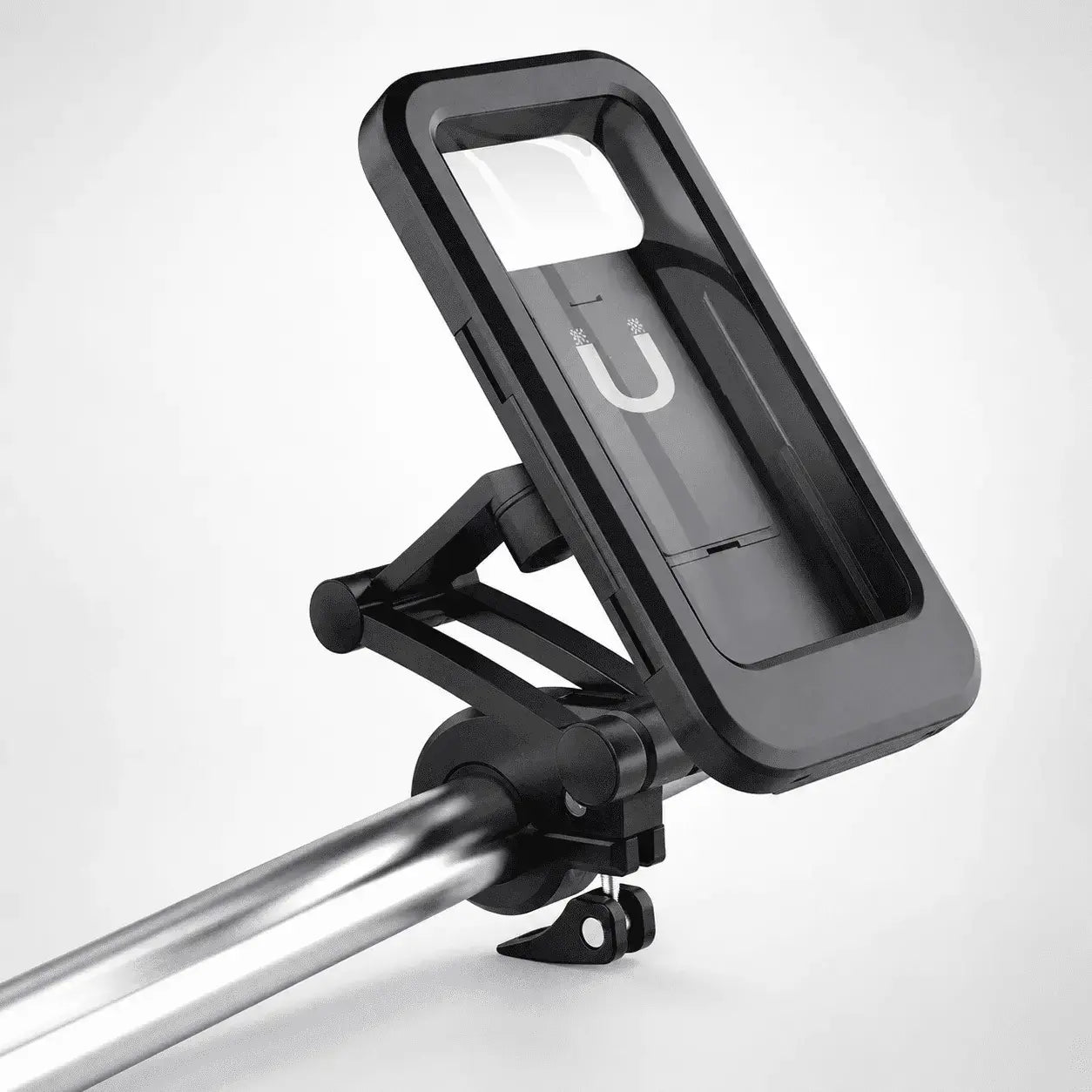 Soporte impermeable para celular de moto y bicicleta con rotación 360°, pantalla táctil, ajuste seguro para manubrio y compatibilidad con celulares de 4.5 a 7 pulgadas.