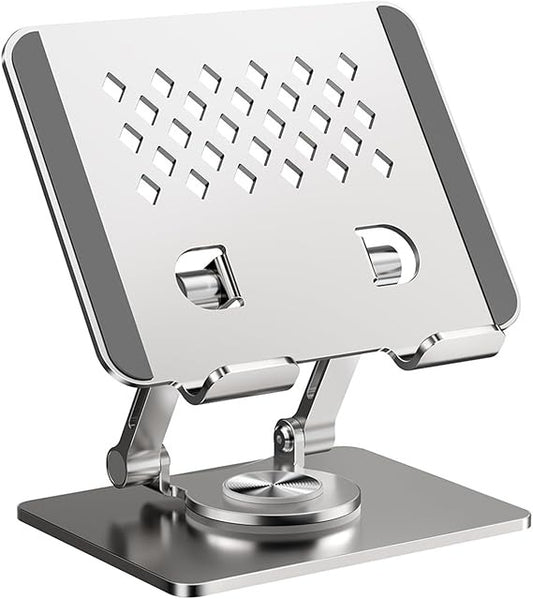 Soporte metálico plegable para tablet y celular con rotación 360°, base antideslizante, apoyos de silicona y diseño portátil para escritorio, oficina, hogar y viajes.