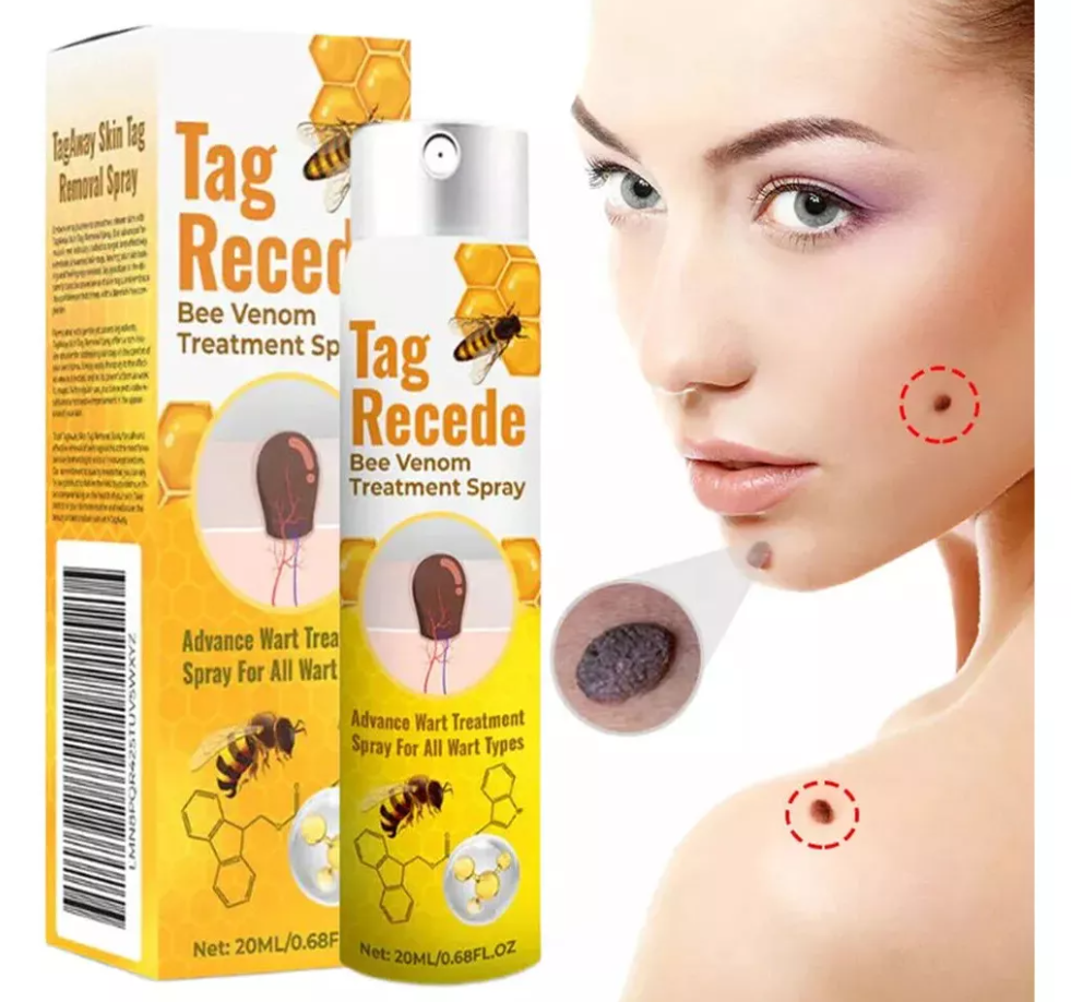 Spray cosmético Tag Recede de uso tópico para mejorar la apariencia de verrugas y skin tags dentro de la rutina de cuidado de la piel.
