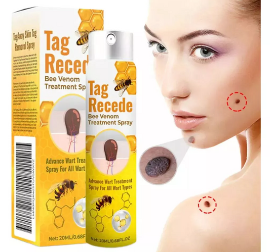 Spray cosmético Tag Recede de uso tópico para mejorar la apariencia de verrugas y skin tags dentro de la rutina de cuidado de la piel.