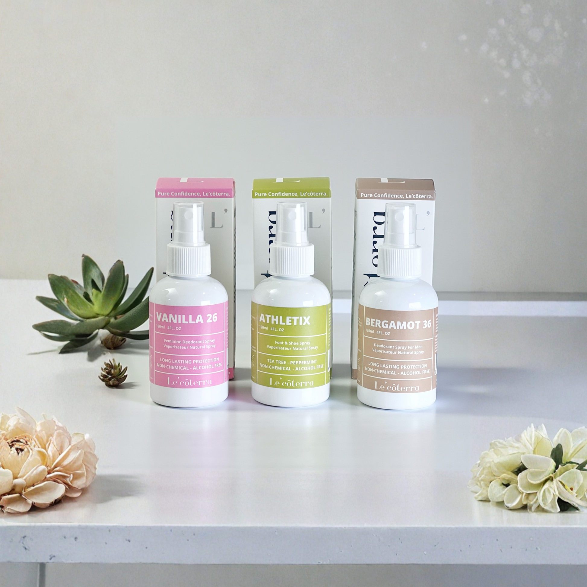 Spray natural Le’côterra sin alcohol con aromas premium para uso íntimo, corporal y deportivo con frescura duradera.
