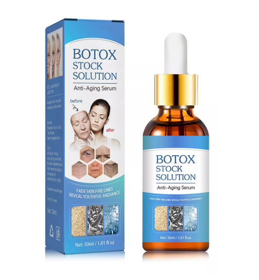Suero facial antiarrugas Botox Stock Solution que ayuda a mejorar la apariencia de líneas de expresión y aporta firmeza y luminosidad a la piel.