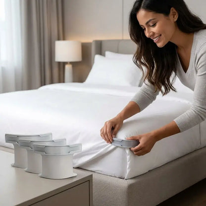 Sujetador de sábanas set x4 DROPS, ideal para mantener las sábanas firmes, evitar arrugas, deslizamientos y mejorar el orden de la cama.