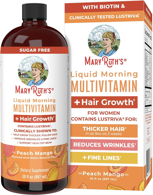 Suplemento líquido MaryRuth 887 ml con biotina, colágeno y vitaminas. Apoya el bienestar y la nutrición del cabello de forma práctica.
