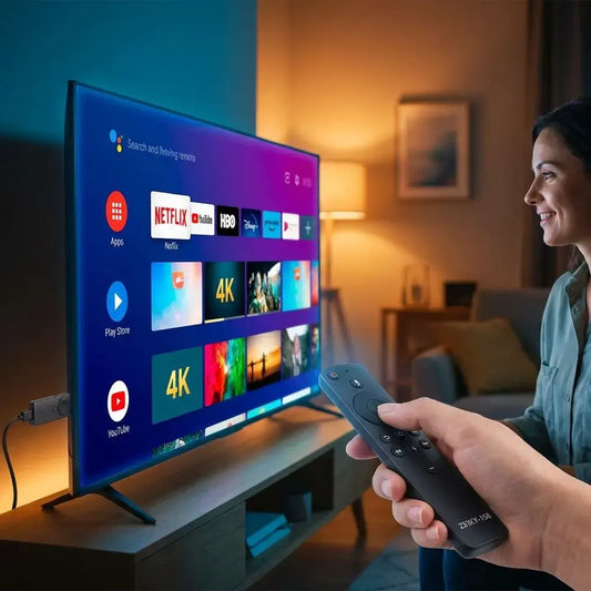 TV Stick Android 4K HDR con WiFi y control remoto para convertir cualquier televisor con HDMI en Smart TV con acceso a apps y streaming.
