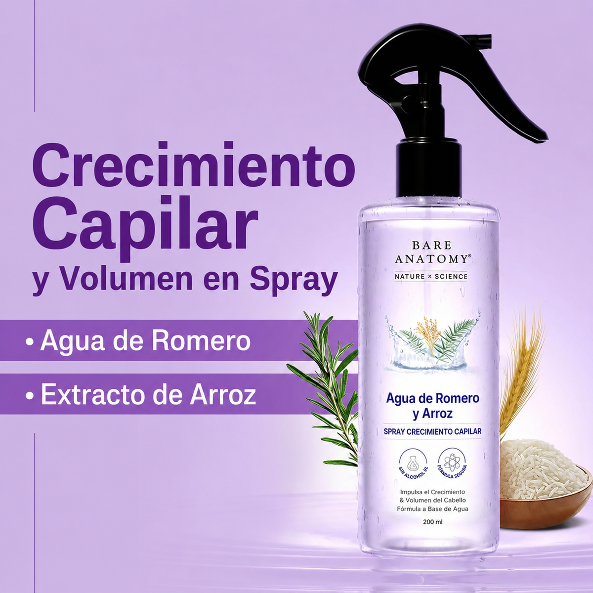 Tónico capilar de romero y agua de arroz sin enjuague. Fortalece la fibra capilar, reduce el quiebre y da brillo y suavidad. Sensación de frescura en el cuero cabelludo. Para hombre y mujer.