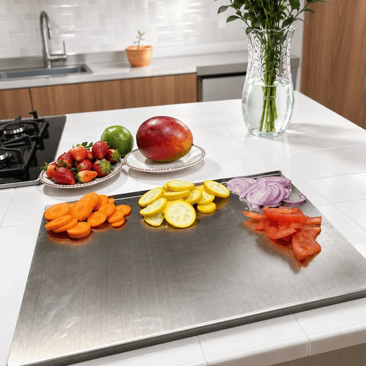 Tabla de corte en acero inoxidable de 30 x 40 cm con borde elevado, superficie firme y fácil limpieza para cocina, carnicería y negocio