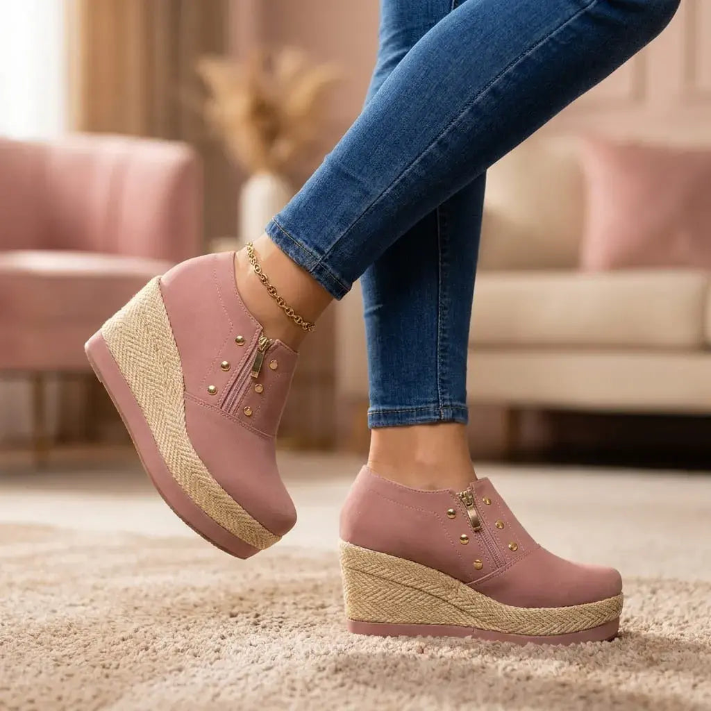 Tacones Casuales para Dama en Cuero Linse con suela de yute. Calzado cómodo, ligero, fresco y elegante para uso diario, salidas y reuniones informales.