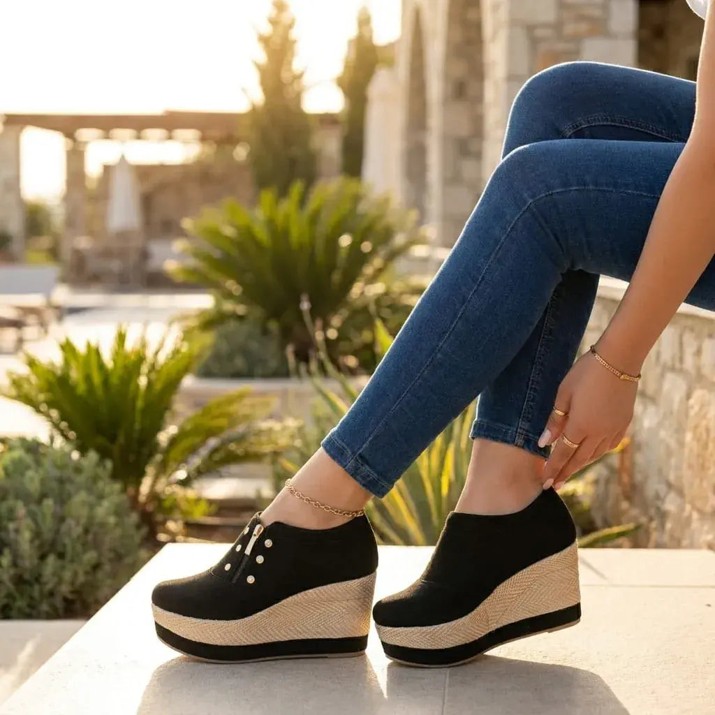 Tacones Casuales para Dama en Cuero Linse con suela de yute. Calzado cómodo, ligero, fresco y elegante para uso diario, salidas y reuniones informales.