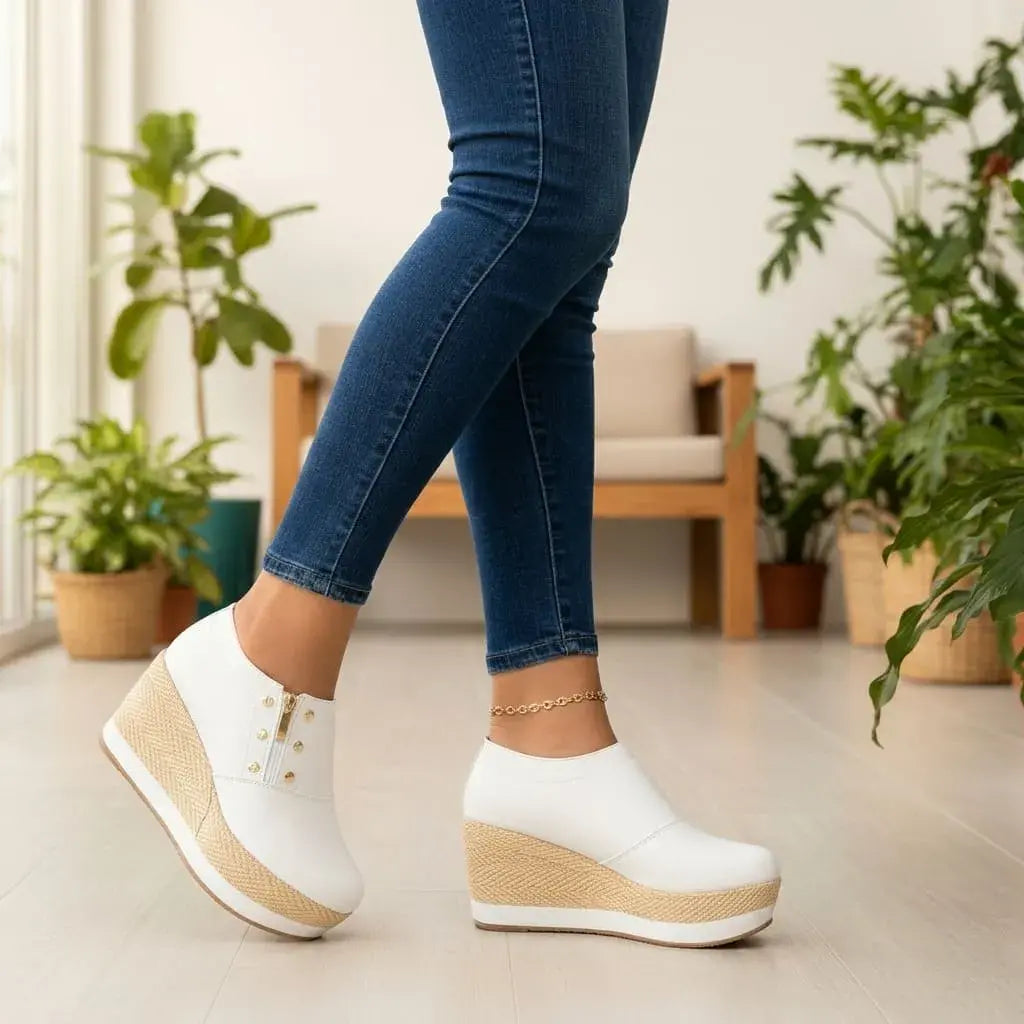 Tacones Casuales para Dama en Cuero Linse con suela de yute. Calzado cómodo, ligero, fresco y elegante para uso diario, salidas y reuniones informales.